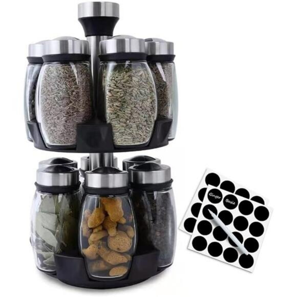 revolving spice rack organizer with 12 glass jars rotating countertop kitchen st - Picture 7 of 7